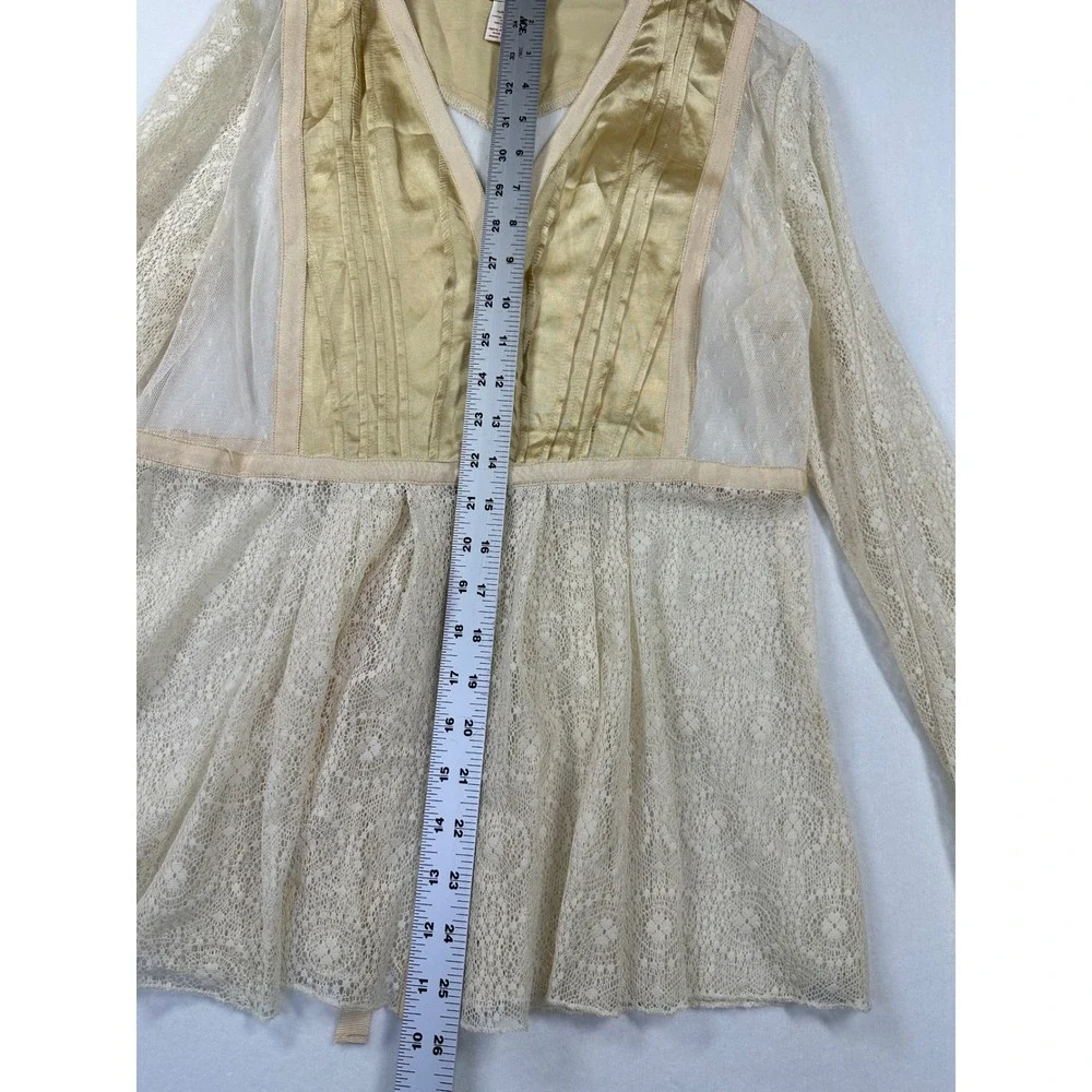Sundance Lace Satin Lady Jane Blouse Sz 8 Cream Gold Romantic Mesh Peplum Top - Picture 7 of 14